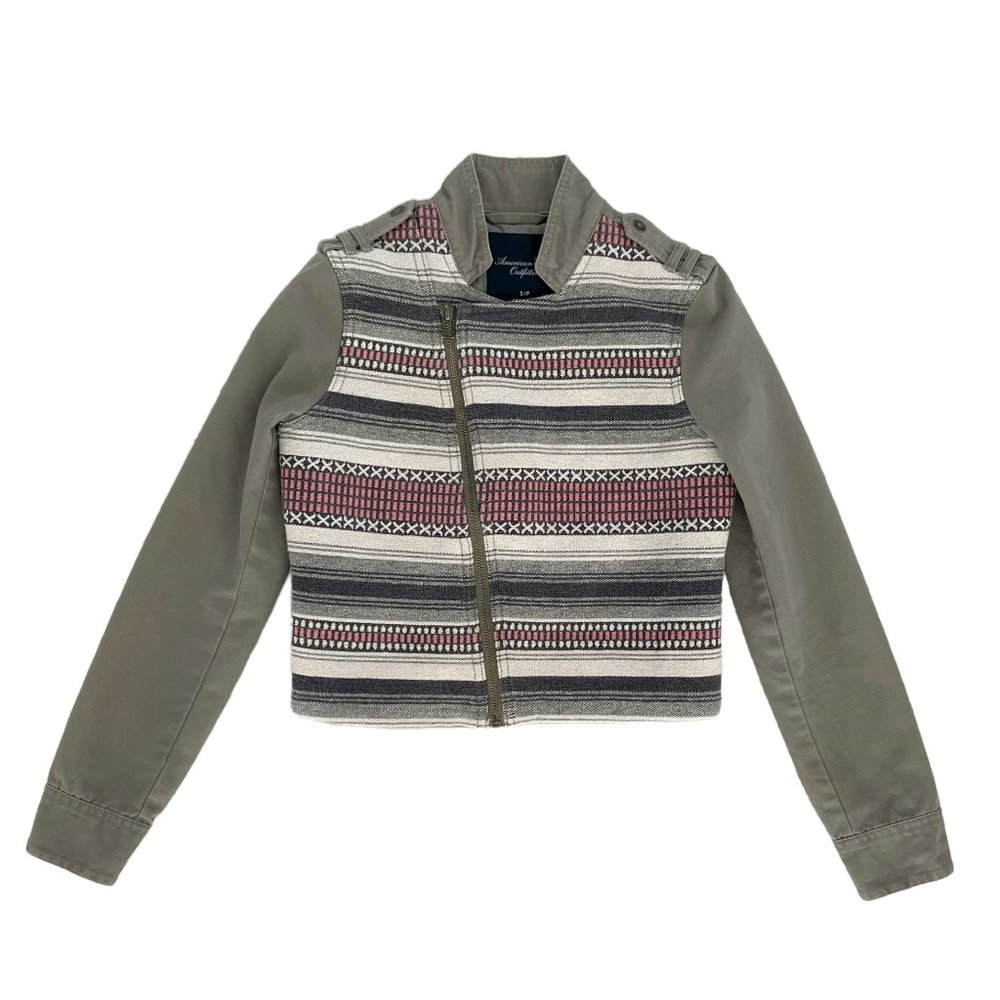 American Eagle Asymmetrical Olive Army Green Tribal Print Jacket size Small S